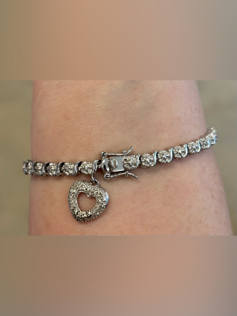 Sterling Silver Heart Charm Tennis Bracelet with Clear Crystals